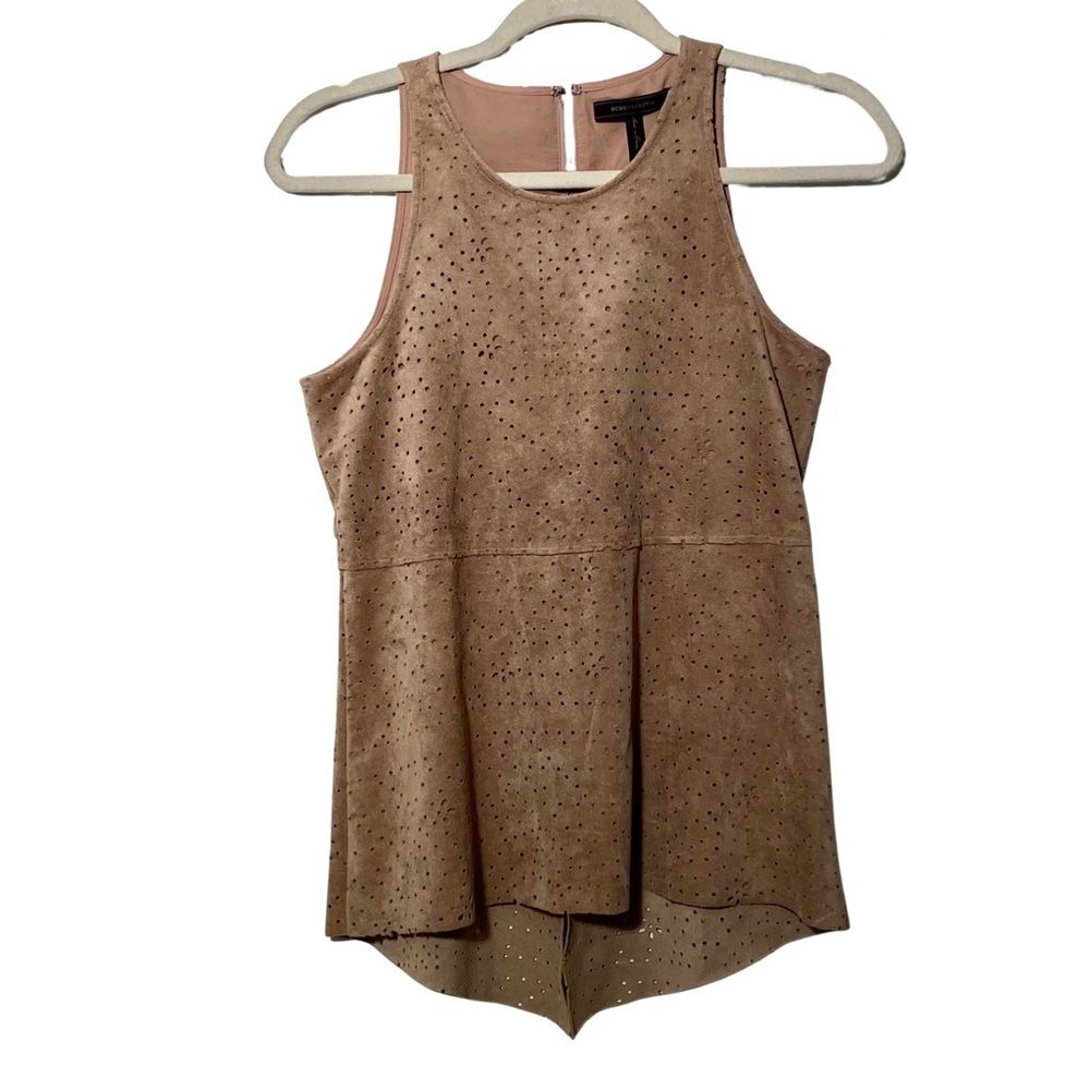 BCBGMaxAzria Faux Suede Laser Cut Drape Back Tank Top XS Beige